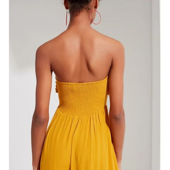 UO Candy Tie-Front Strapless Jumpsuit Cropped Wide Leg Mustard S 70s - Picture 4 of 14
